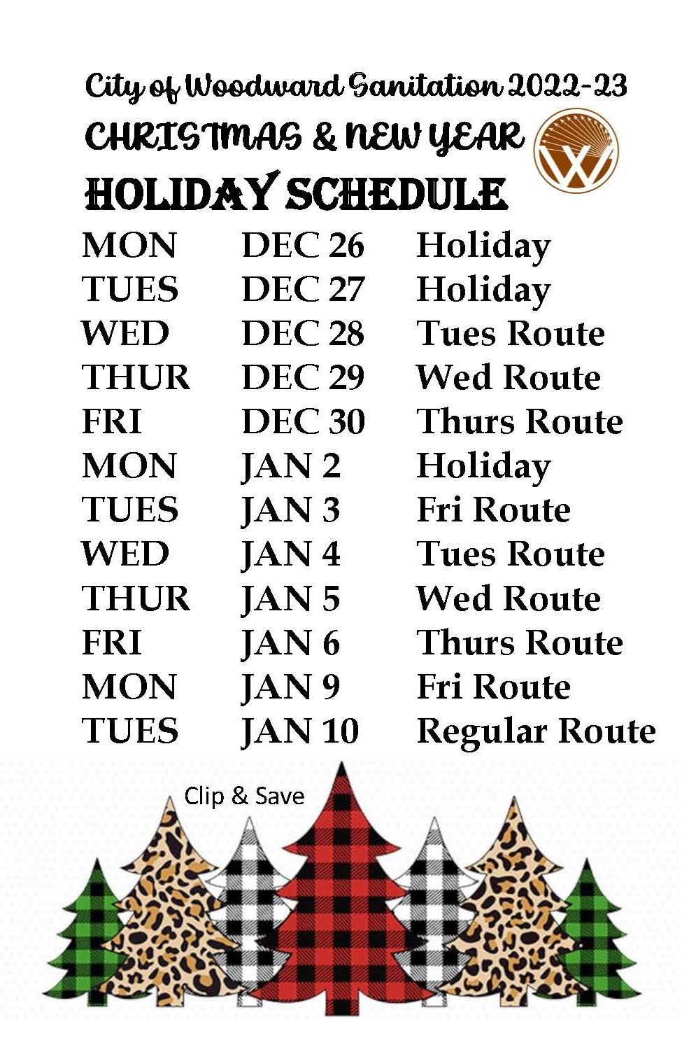 2022 Christmas Trash Schedule
