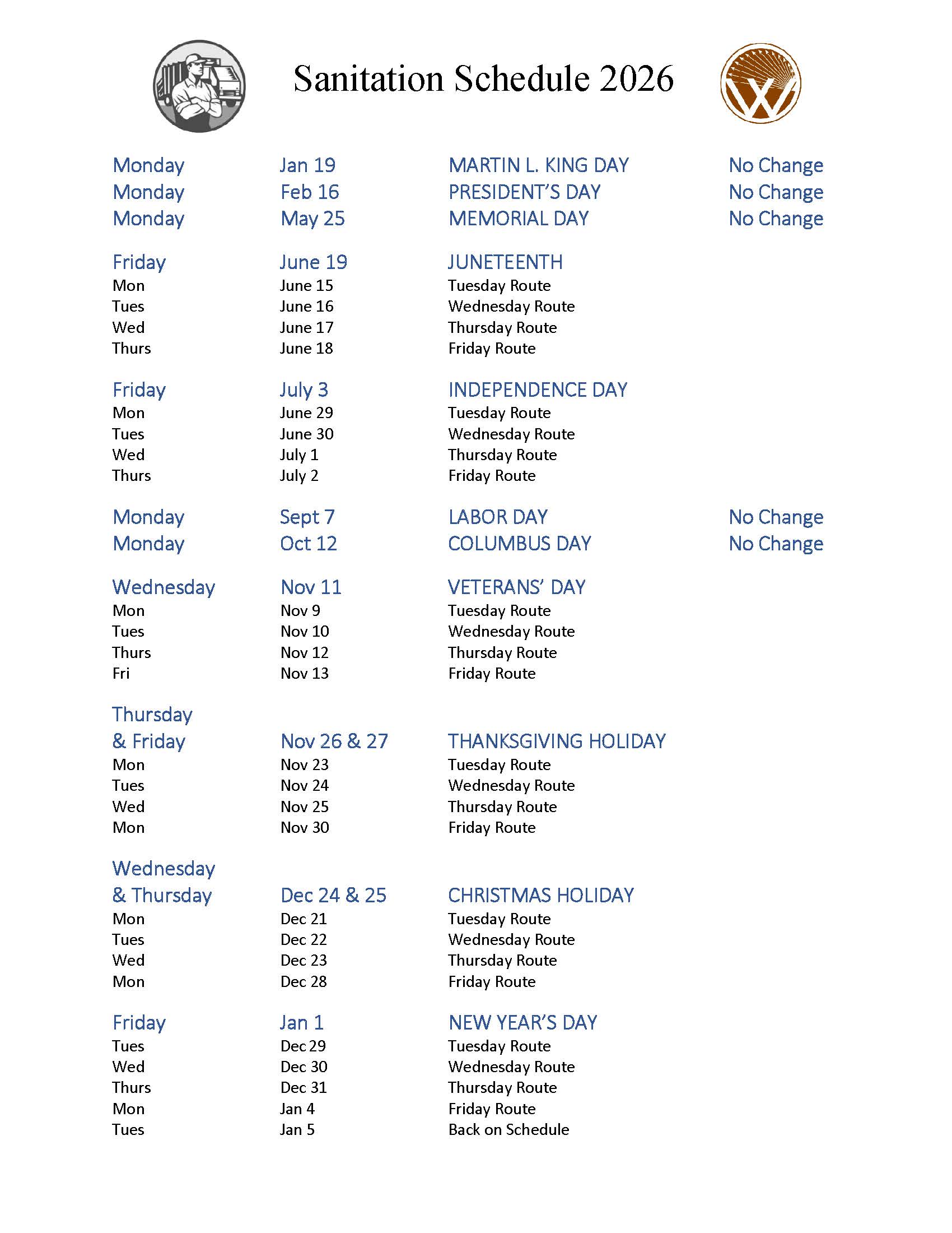 Solid Waste Holiday Schedule 2026